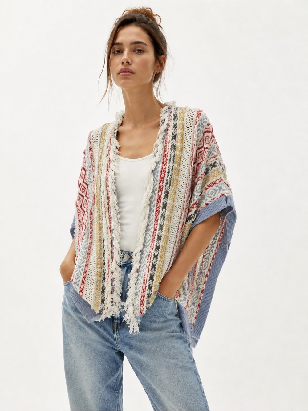 Cabi Love Carol Siesta Poncho Aztec Fringe Boho Southwestern Cardigan One Size